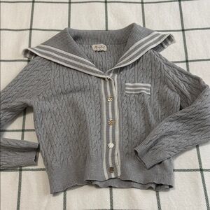 Marled Gray Cable Knit Cardigan with Striped Collar